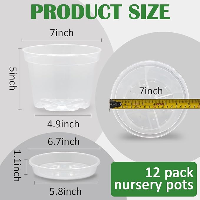 12 Pack 7 Inch Clear Nursery Pots with Saucer, Transparent Plastic Plant Pots with Drainage Holes, Sturdy Plant Starter Pots, Planter Pot for Planting Succulent Flower Herb Vegetable, Gardening Gifts BTPLASTIK