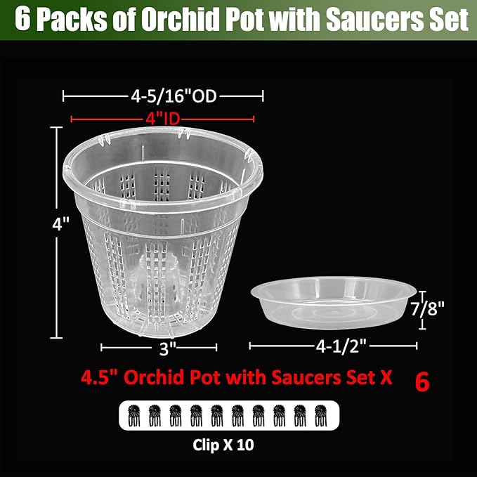 Orchid Pot with Saucers, 6 Packs of 4.3" Orchid Pots with Holes, Orchid Pots for Repotting, Plastic Orchid Planter for Indoor Outdoor Plants (6 Packs, 4.3" with Saucers) HOLANHING