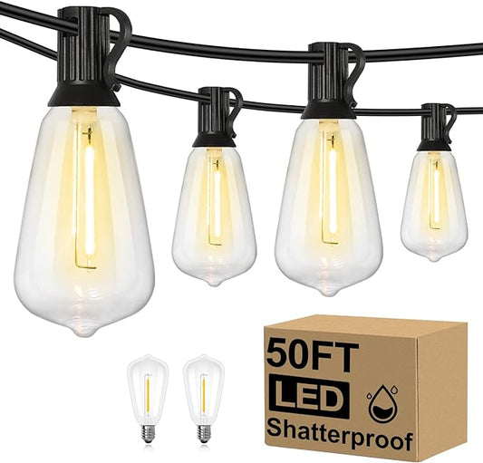 Brightever 50FT Outdoor String Lights Waterproof, 2700K Bright LED Patio Lights with 27 ST38 Shatterproof Vintage Bulbs, Retro Connectable Edison String Lights for Outside, Garden, Balcony, Porch Brightever