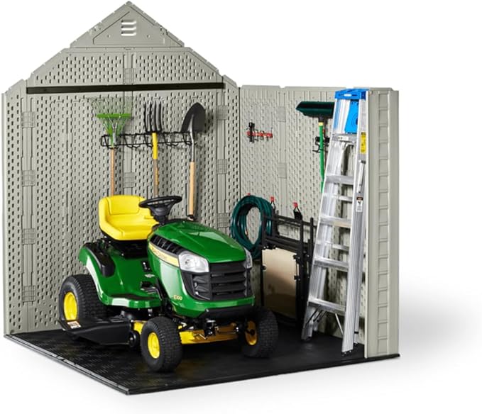 Rubbermaid 7 Foot by 7 Foot Weatherproof Outdoor Storage Shed for Garden Tools and Lawn Machinery Organization with Lockable Double Door Sandstone Rubbermaid