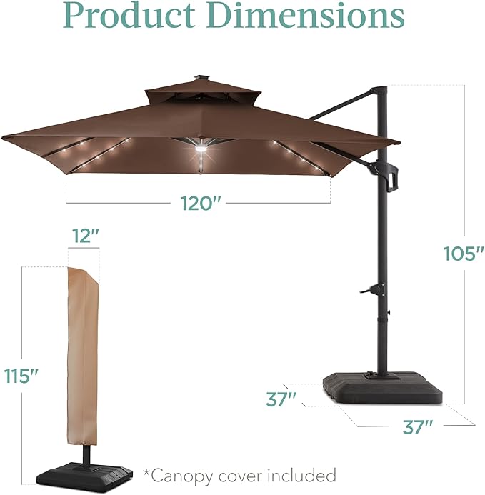 Best Choice Products 10x10ft Cantilever Patio Umbrella w/Base Included, Solar LED Lights 360 Rotation Large Offset Hanging Outdoor Shade for Deck Pool Backyard w/Stand – Brown BestChoiceProducts