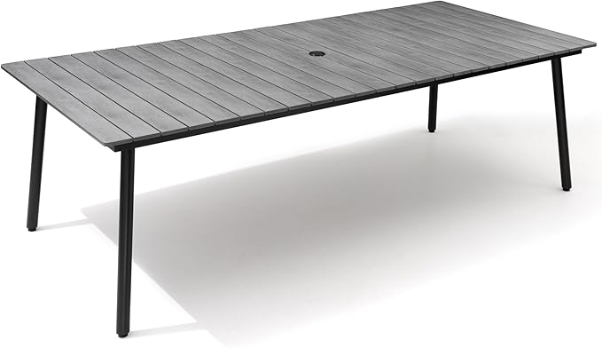 95" Patio Outdoor Dining Table for 8-10, Weather-Resistant Aluminum Frame with Wood-Grain Top & Umbrella Hole for Deck Gatherings, Grey VredHom