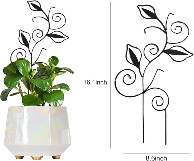 Decorative Metal Plant Trellis for Indoor Potted Plants – Leaf Shape Vine Support Stakes with 6 Plant Clips, Black/Green/Gold Garden Trellises for Climbing Plants, Vines (Black 1pc) Rootora