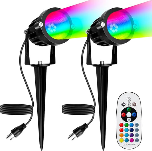 PYDS Christmas Spotlights Outdoor, 12W RGBW Halloween Spot Lights with Remote, 120V Plug-in Color Changing LED Landscape Lighting with IP65 Waterproof for Yard Garden Tree Decor, 2 Pack Rootora