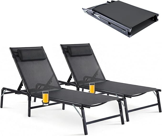 2 Pack Foldable Chaise Lounge Chair with Cup Holder, Assemble-Free Outdoor Lounge Chair with Detachable Pillow and 6 Adjustable Backrest, Patio Lounge Chair for Outside Poolside Beach Pool, Black HOMELYM