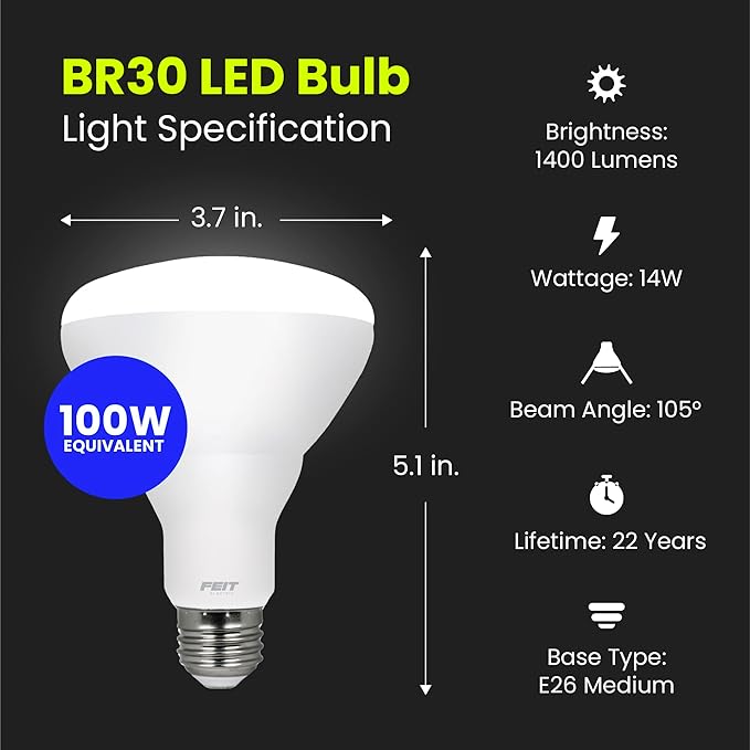Feit Electric BR30 LED Light Bulb, 100W Equivalent, Dimmable, 1400 Lumens, E26 Standard Base, 2700K Soft White, 90CRI, Flood Light Bulb for Recessed Cans, 22-Year Lifetime, BR30DM/1400/927CA/4, 4 Pack FeitElectricCompany