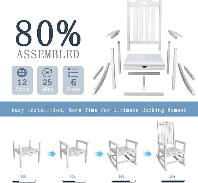 Oversized Rocking Chair Set of 4, Outdoor Rocking Chair for Adults, All Weather Resistant Porch Rocker for Lawn Garden, White THOEOE