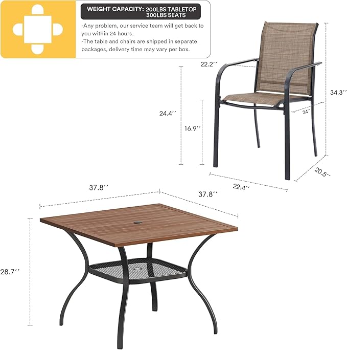 VICLLAX 5 Pieces Patio Dining Set, Outdoor Furniture Set Includes 37.8" Square Outdoor Table and 4 Stackable Patio Sling Chairs, Walnut Tabletop and Brown Fabric HOME
