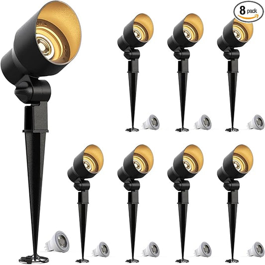 GOODSMANN Low Voltage Landscape Flood Lights 8PK Kit 3W LED 200 Lumen Outdoor Spotlights 3000K Warm White Replaceable LED Outside Hardwired Lighting with Metal Stakes Cable Connectors Replaceable GOODSMANN