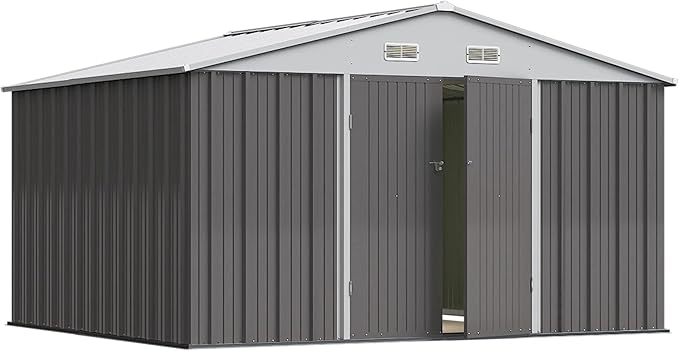 Greesum 10×8FT Outdoor Storage Shed, Metal Patio Storaged Sheds with Lockable Doors, Sheds & Outdoor Storage for Patio, Backyard, Pool and Garden, Gray BuynowfromGreesum