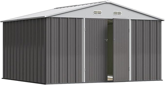 Greesum 10×8FT Outdoor Storage Shed, Metal Patio Storaged Sheds with Lockable Doors, Sheds & Outdoor Storage for Patio, Backyard, Pool and Garden, Gray BuynowfromGreesum