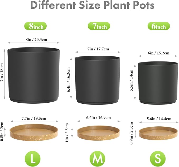 8/7/6 inch Flower Pots, 3 Pack Cylinder Plant Pots for Outdoor Indoor Plants, Decorative Plastic Planters with Drainage Holes and Saucers for Garden House Plants, Black with Brown Meowell