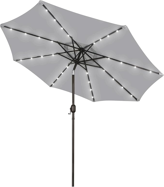 Blissun 9 ft Solar Umbrella, Patio Umbrella with 32 LED Lights, Table Market Umbrella, Outdoor Umbrella for Garden, Deck, Backyard (Light Grey) Blissun