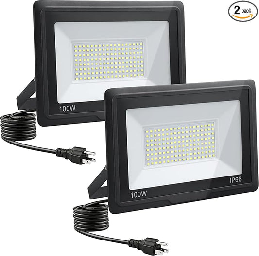 100W LED Flood Lights Outdoor, 2pack 10000lm Bright Led Work Light with Plug, 6500k Daylight White Outdoor LED Lights, IP66 Waterproof Patio Lighting GANGZHIZI