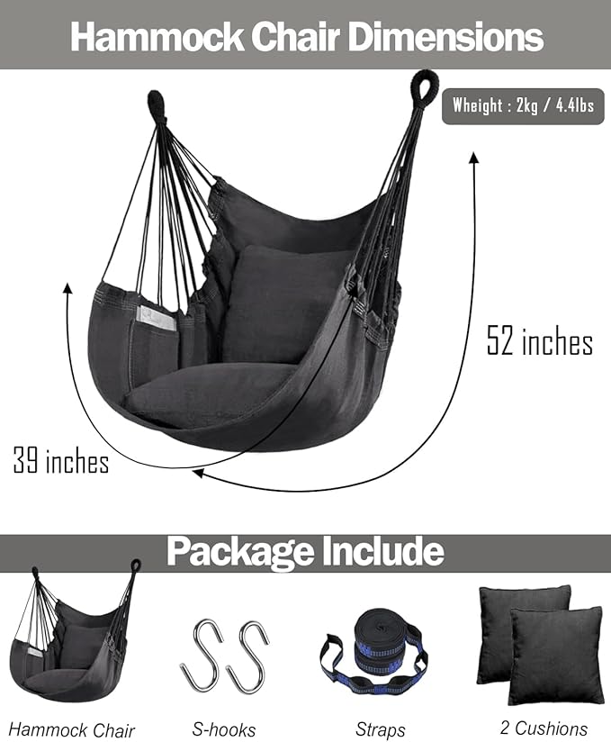 Halalona Hammock Chair Hanging Hammock Chair Rope Swing 2 Cushions Included-Sturdy & Durable Soft Cotton Hand Woven Hammock Swing for Bedroom, Porch, Patio-Indoor/Outdoor Halalona