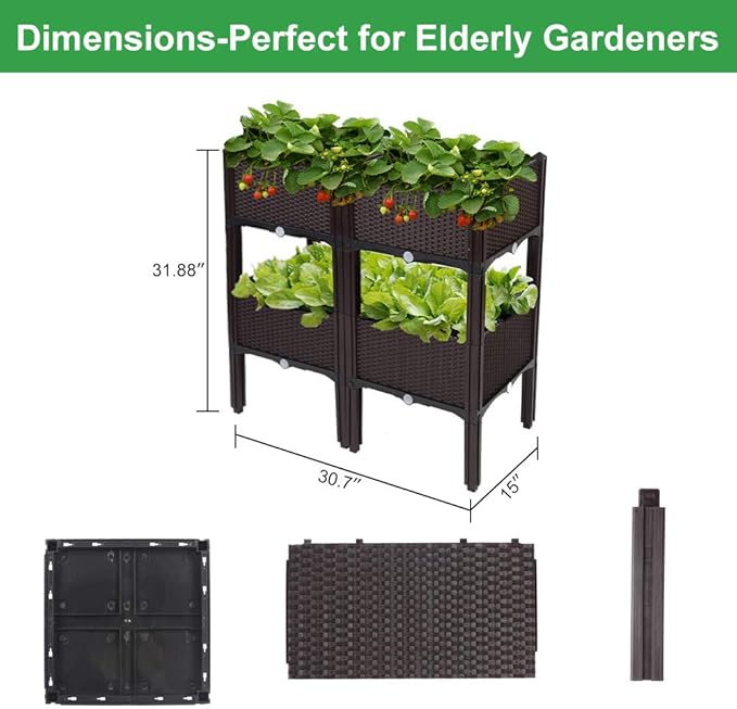 VINGLI Square Raised Garden Bed, Self-Watering Plastic Planter for Indoor Outdoor Vegetables, Fruits, Potato, Flowers, All Weather (4 Pcs) VINGLI