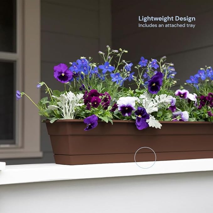 Bloem Dura Cotta Window Box Planter: 24" - Chocolate - with Tray, Weatherproof Resin Box, Removable Tray for Indoor & Outdoor Use, Gardening, 3 Gallon Capacity Bloem