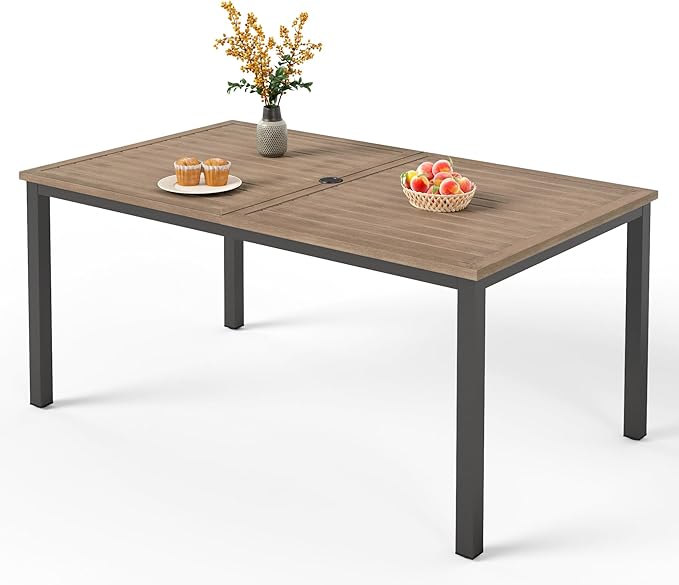 PHI VILLA 64" Rectangle Outdoor Dining Table, Patio Furniture Wood-Like Tabletop with Umbrella Hole for Patio Lawn Backyard Garden, Brown PHIVILLAThepioneerofcomfortablehouseholdsupplies