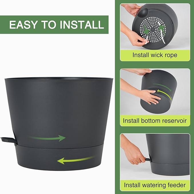 12inch Large Self Watering Plant Pot, Plastic Cylinder Planter with 60Oz Deep Reservoir and Saucer for Indoor Outdoor Plants Flowers Houseplants, Black SwinDuck