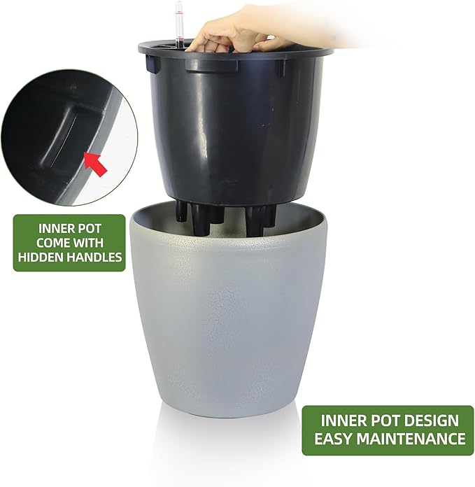 Dexceder 13x12 Self Watering Planter with Wheels Indoor Outdoor, Inner Pot Design, Thickened Large Floor Standing Flower Plant Pot with Water Level Indicator (Grey Gold Crackle) Dexceder