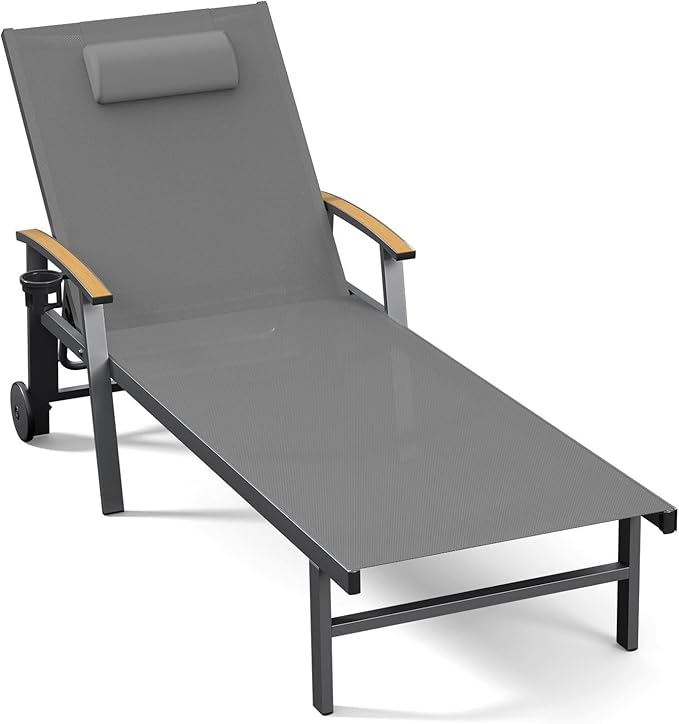 Ciokea Outdoor Lounge Chair with Pillow, 5-Position Aluminum Chaise Lounge with Wheels & Armrests, 400 lbs Heavy Duty Patio Pool Chair for Deck, Backyard, Beach & Poolside, Grey CIOKEA