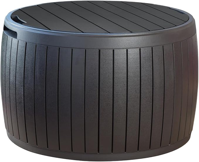 Keter Circa 37 Gallon Deck Box Organizer, Works as Ottoman Chair or Side Table, Brown – Large Resin Round Outdoor Storage and Seating for Garden, Pool, and Patio Keter