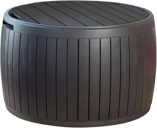 Keter Circa 37 Gallon Deck Box Organizer, Works as Ottoman Chair or Side Table, Brown – Large Resin Round Outdoor Storage and Seating for Garden, Pool, and Patio Keter
