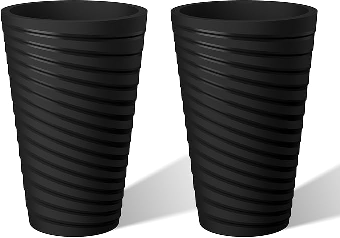 Kante 18 Inch Tall Planter Set of 2, Round Spiral Textured Flower Pots, Decorative Plant Pots for Outdoor Indoor Home Garden Patio (Black) Kante