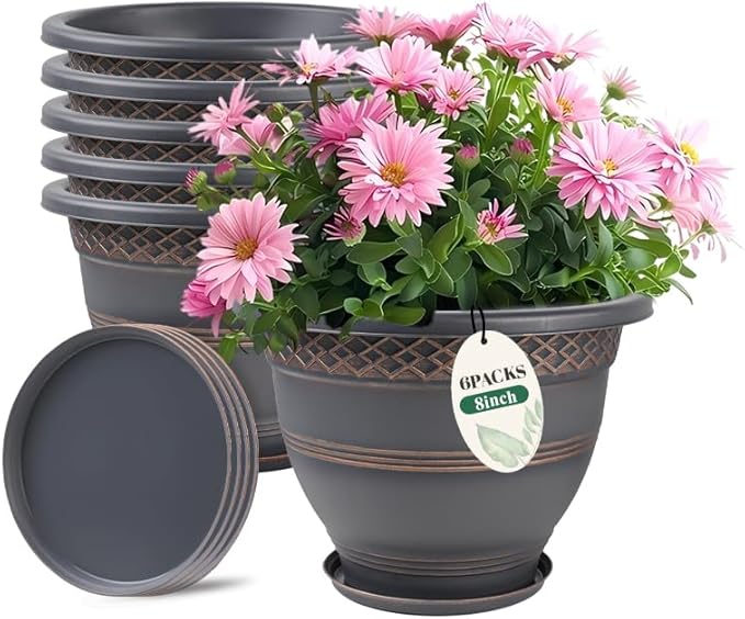 6 Pack 8 Inch Plant Pots, Plastic Flower Pot for Indoor & Outdoor with Drainage Holes & Saucer, Plaid Pattern Planters Garden Pots for Herbs Usocik