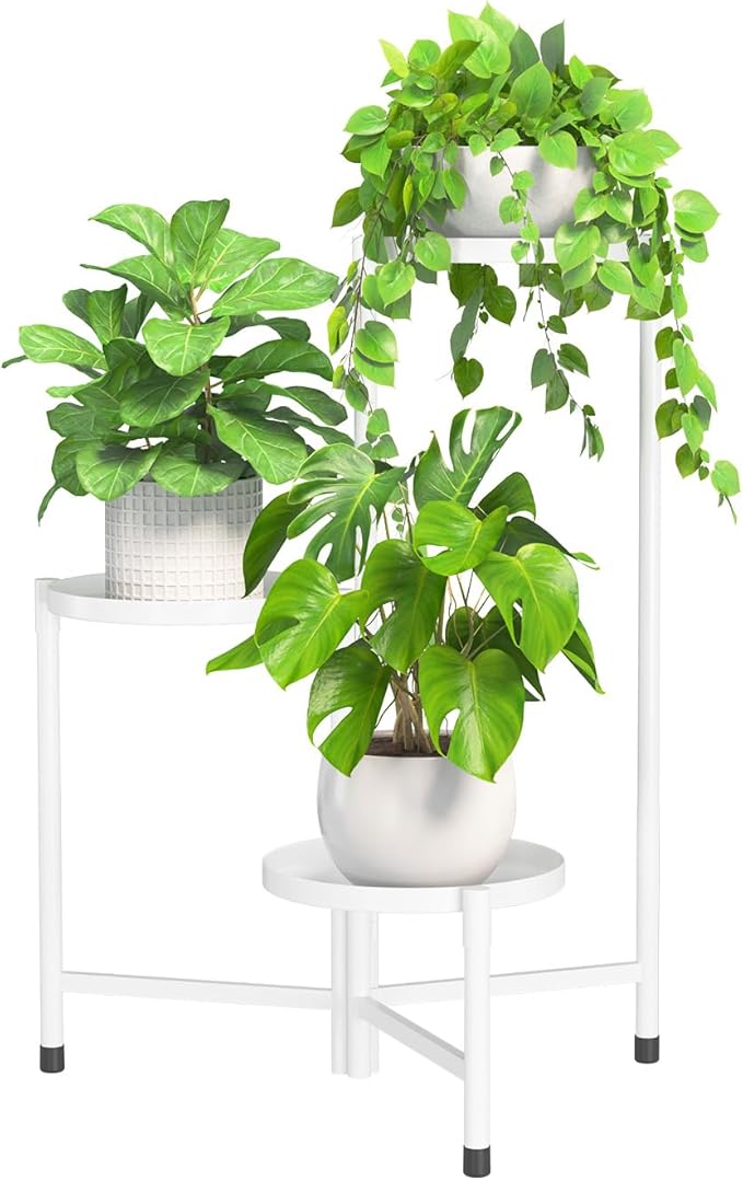 iDavosic.ly 3 Tier Large Plant Stand Indoor, 10 Inch Wide Tall Corner Metal Plant Stands Outdoor for Multiple Plants, Folding Tiered Flower Display Holder Rack Shelf, White iDavosicly