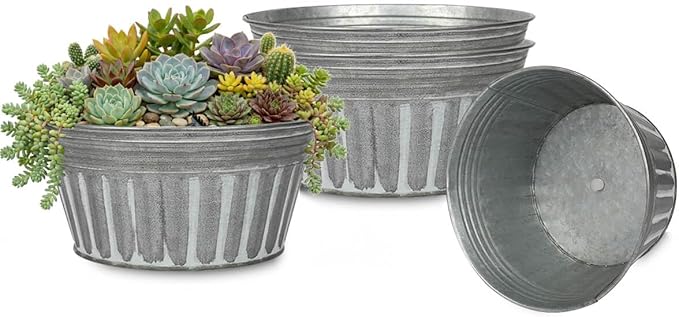 vensovo 10 Inches Silver Metal Rustic Plant Pots - 4 Pcs Large Shallow Galvanized Planters with Drain Hole and Rubber Plug, Rustproof Tin Bucket Succulent Pot Indoor Farmhouse Vintage Style for Decor vensovo