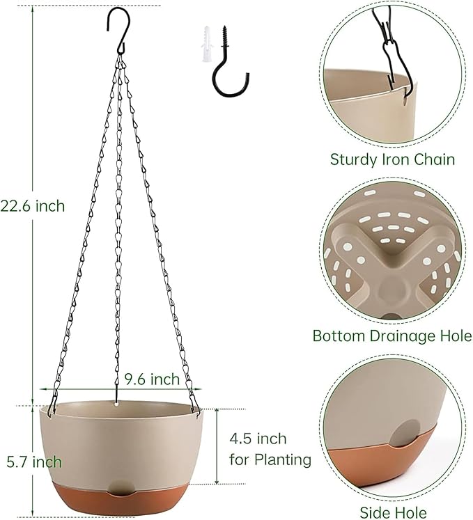 Hanging Planters for Indoor Plants, Set of 2 8/10 Inch Self-Watering Hanging Pots with Drainage Hole & Removable Water-Storage Tray II Screw-in Hooks Rootora