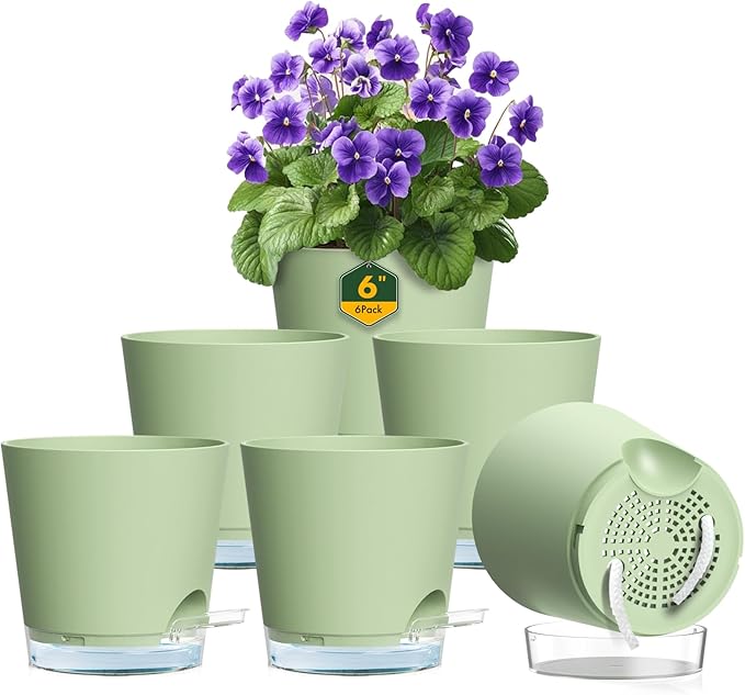6 inch Self Watering Pots for Indoor Outdoor Plants, 6 Pack Flower Plant Pots with Drainage Holes and Clear Reservoirs, Visible Water Level, Plastic Planters with Wicking Rope, Green Meowell