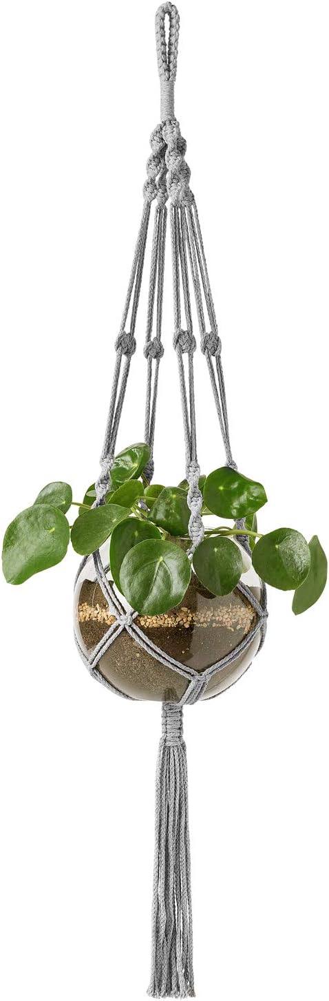 Mkono Macrame Plant Hangers Indoor Outdoor Hanging Planter Basket Cotton Rope 4 Legs 41 Inch, 1 Pack, Grey Mkono