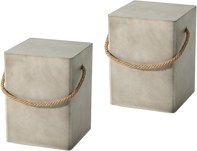 COSIEST Set of 2 Concrete Side Table, Rectangular Outdoor Side Table w Hemp Rope Handles,15''Patio Side Tables End Table, Outdoor Accent Side Table for Garden and Patio, Grey COSIEST