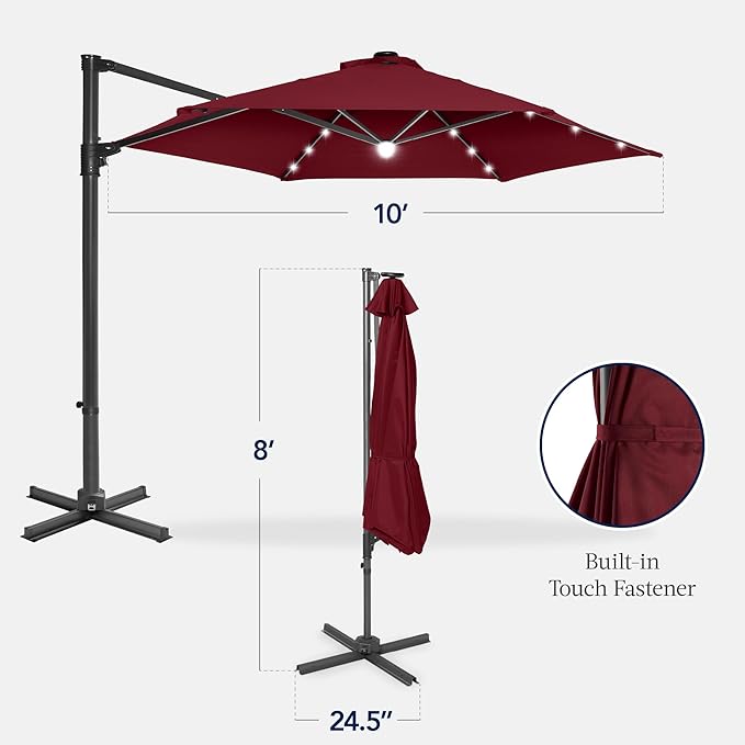 Best Choice Products 10ft Solar LED Offset Cantilever Hanging Market Patio Umbrella, Smooth 360° Rotation, 8 Sturdy Ribs, Easy Adjustment - Burgundy BestChoiceProducts