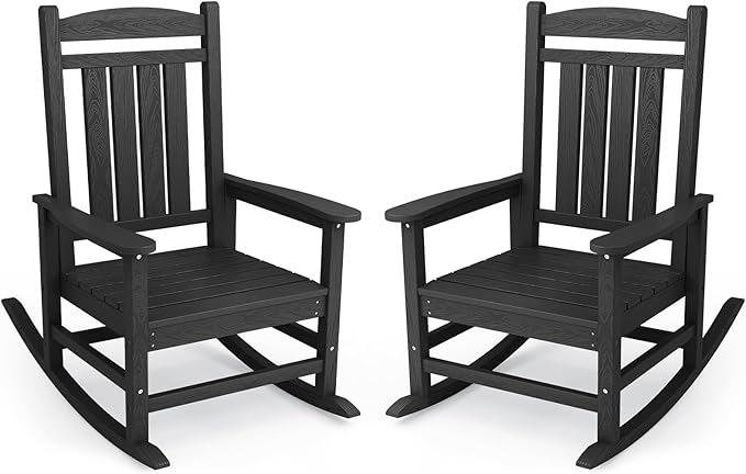 KINGYES Oversized HDPE Outdoor Rocking Chair Set of 2, Widened Seat Patio Rocking Chair, All Weather Patio Rocker, Black KINGYES