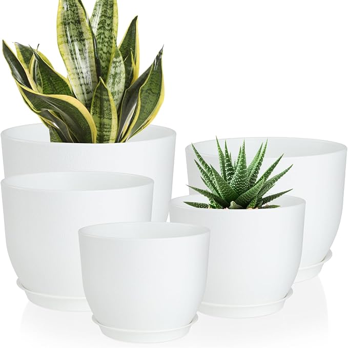 Plant Pots 10/9/8/7.5/7 inch Flower Pots with Multi Mesh Drainage Holes, Planters for Indoor Outdoor Garden Plants and Flowers. (White) AFamilyofGardenLovers