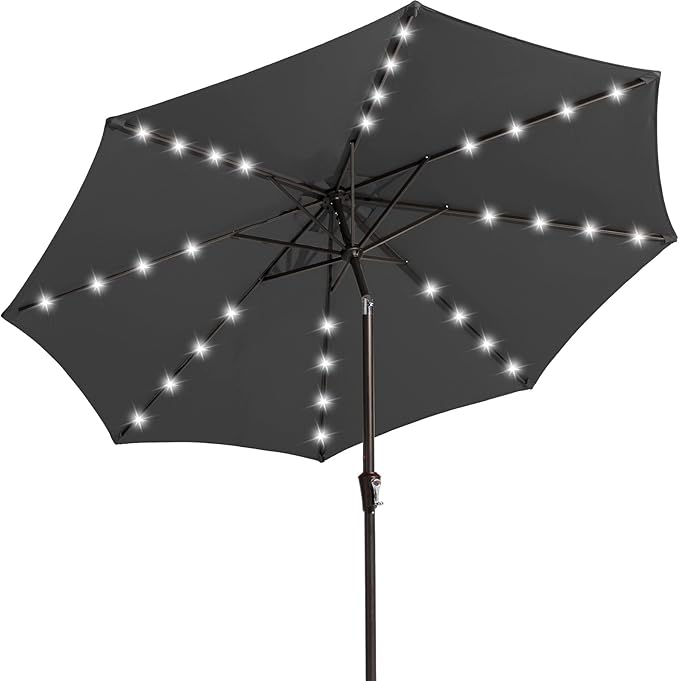 JEAREY 9FT Outdoor Patio Umbrella with Solar Lights, LED Lighted Pool Umbrella with Tilt and Crank, Outdoor Table Umbrellas for Deck, Yard & Market (Dark Gray) JEAREYOutdoorsCollection