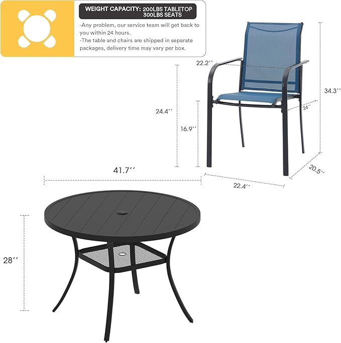 VICLLAX 5 Pieces Patio Dining Set, Outdoor Furniture Set Includes 41.2" Round Patio Table and 4 Patio Sling Chairs, Black Tabletop and Blue Fabric HOME