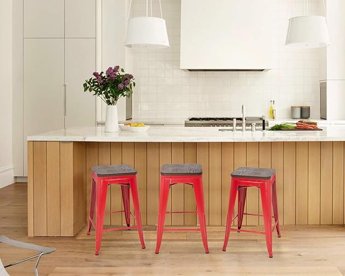 FDW Metal Bar Stools Counter Height Barstool Stackable Barstools Indoor Outdoor Patio Bar Stool Home Kitchen Dining Stool Backless Bar Chair (Red with Wood, 24") FDW