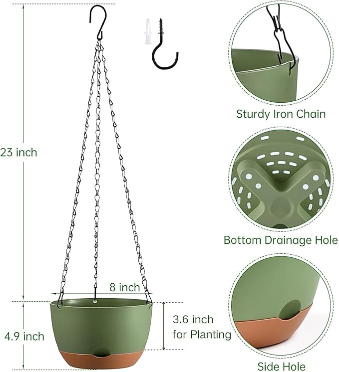 Hanging Planters for Indoor Plants, Set of 2 8/10 Inch Self-Watering Hanging Pots with Drainage Hole & Removable Water-Storage Tray II Screw-in Hooks Rootora