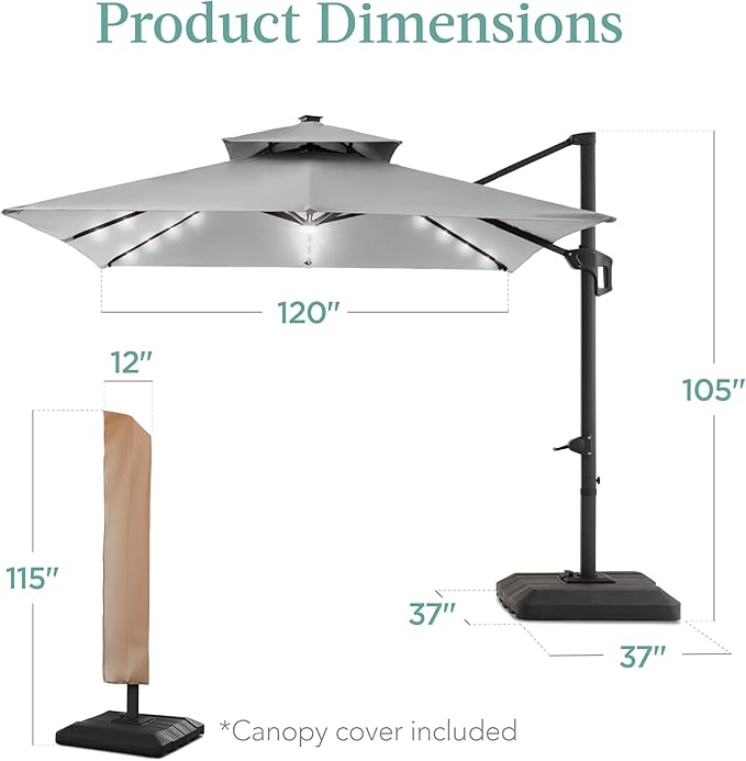Best Choice Products 10x10ft Cantilever Patio Umbrella w/Base Included, Solar LED Lights 360 Rotation Large Offset Hanging Outdoor Shade for Deck Pool Backyard w/Stand – Fog Gray BestChoiceProducts