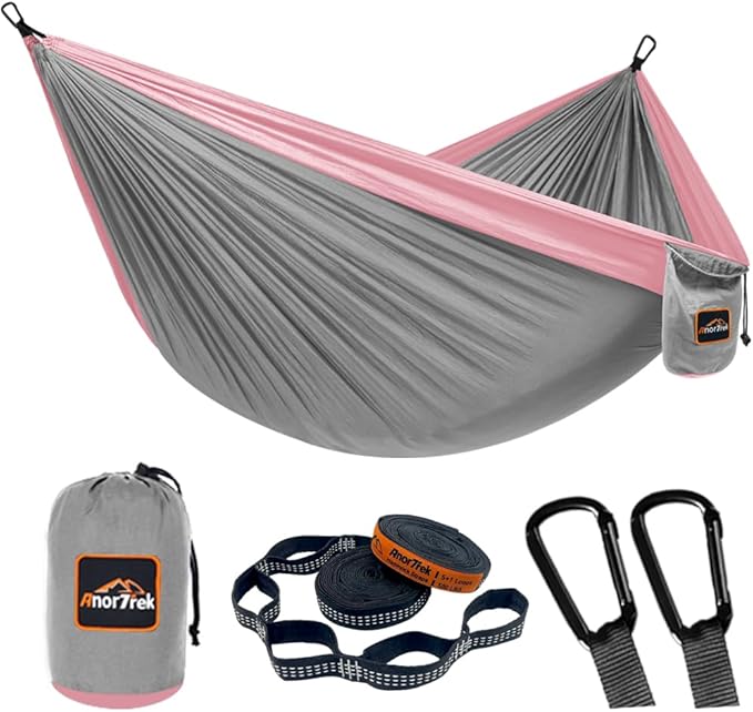 Camping Hammock, Super Lightweight Portable Parachute Hammock with Two Tree Straps Single or Double Nylon Travel Tree Hammocks for Camping Backpacking Hiking AnorTrek