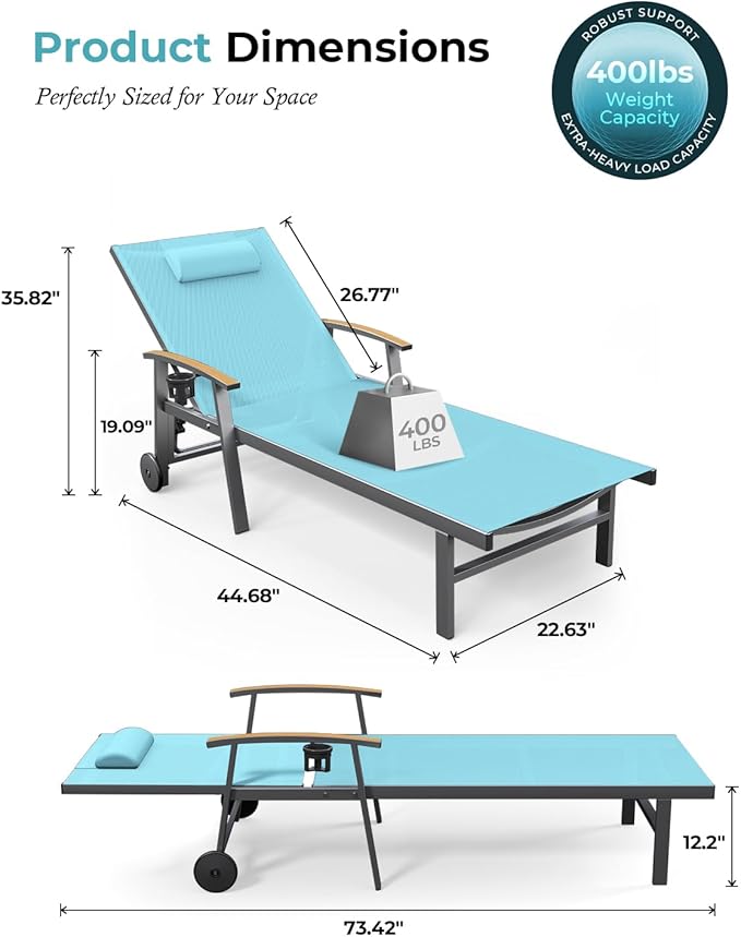 Ciokea Outdoor Lounge Chair with Pillow Set of 2, 5-Position Aluminum Chaise Lounge with Wheels & Armrests, 400 lbs Heavy Duty Patio Pool Chair for Backyard, Deck, Beach & Poolside, Lake Blue CIOKEA