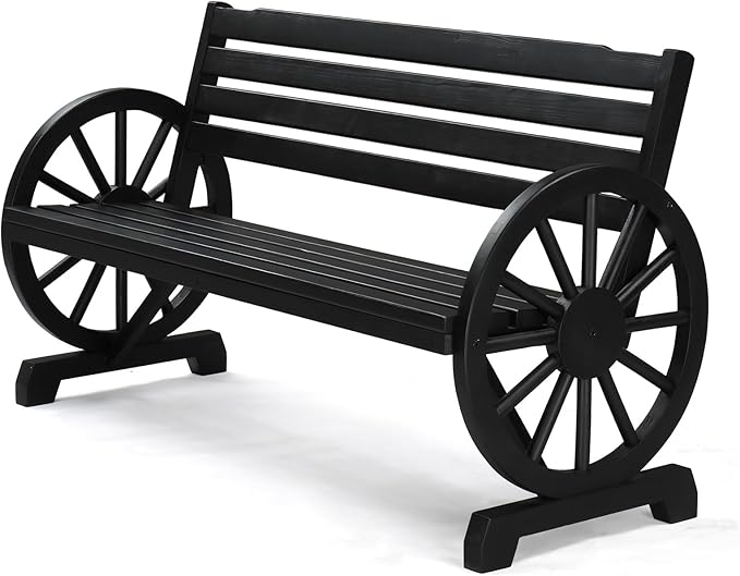 VINGLI Rustic Wooden Wheel Bench Outdoor Bench, Patio Bench Wagon Slatted Seat, Garden Benches for Outdoors 350lbs High Capacity, Weather Resistance (Black, 55in) VINGLI