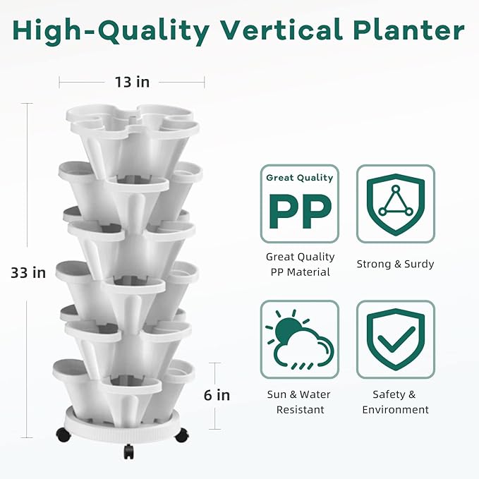 6 Tiered Strawberry Vertical Planters, Stacking Tower Garden with Support Pole, Stackable Herb Vegetable Planters Indoor and Outdoor - White Tectsia