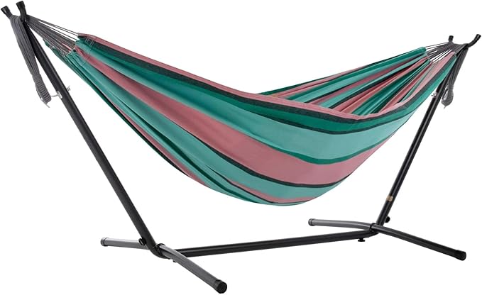 Vivere Double Cotton Hammock with Space Saving Steel Stand, Upgraded Polyester End Strings 450 lb Capacity - Premium Carry Bag Included - USA Grown Cotton (Watermelon) Vivere