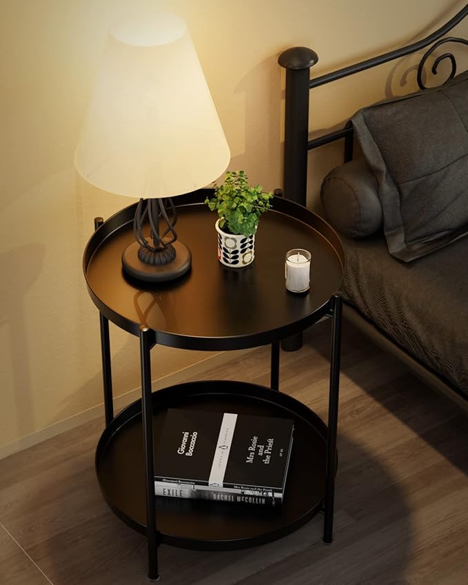 EKNITEY 2 Tier End Table - Metal Side Table Waterproof Small Sofa Coffee Side Tables Bedroom Indoor Outdoor with Removable Tray for Living Room Bedroom Balcony and Office (Black) EKNITEY