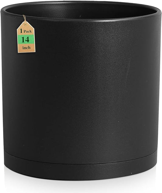 14 Inch Heavy-Duty Cylinder Deep Planter for Indoor Outdoor Plants, Tall Large Plastic Plant Pot with Drainage Holes and Saucer, Decorative Flower Pot for Patio Garden, Black WSMKSZ